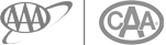A pair of grayscale circular logos with stylized letters (&ldquo;AA&rdquo; on the left and &ldquo;CAA&rdquo; on the right) and diagonal striped accents.