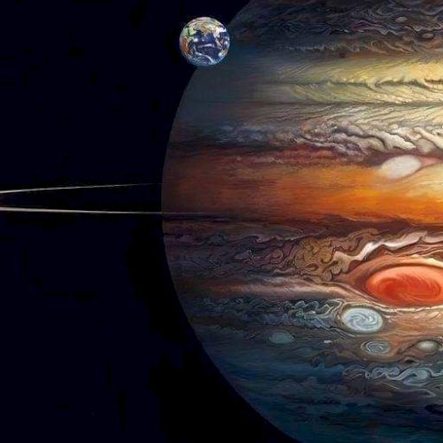 A small Earth-like planet floats in space above a giant swirling planet with colorful cloud bands and a red storm.