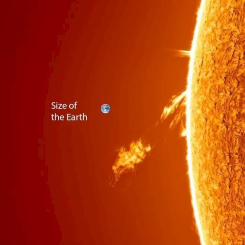 The image shows Earth as a tiny blue dot beside a blazing sun&rsquo;s edge, labeled &ldquo;Size of the Earth&rdquo;.