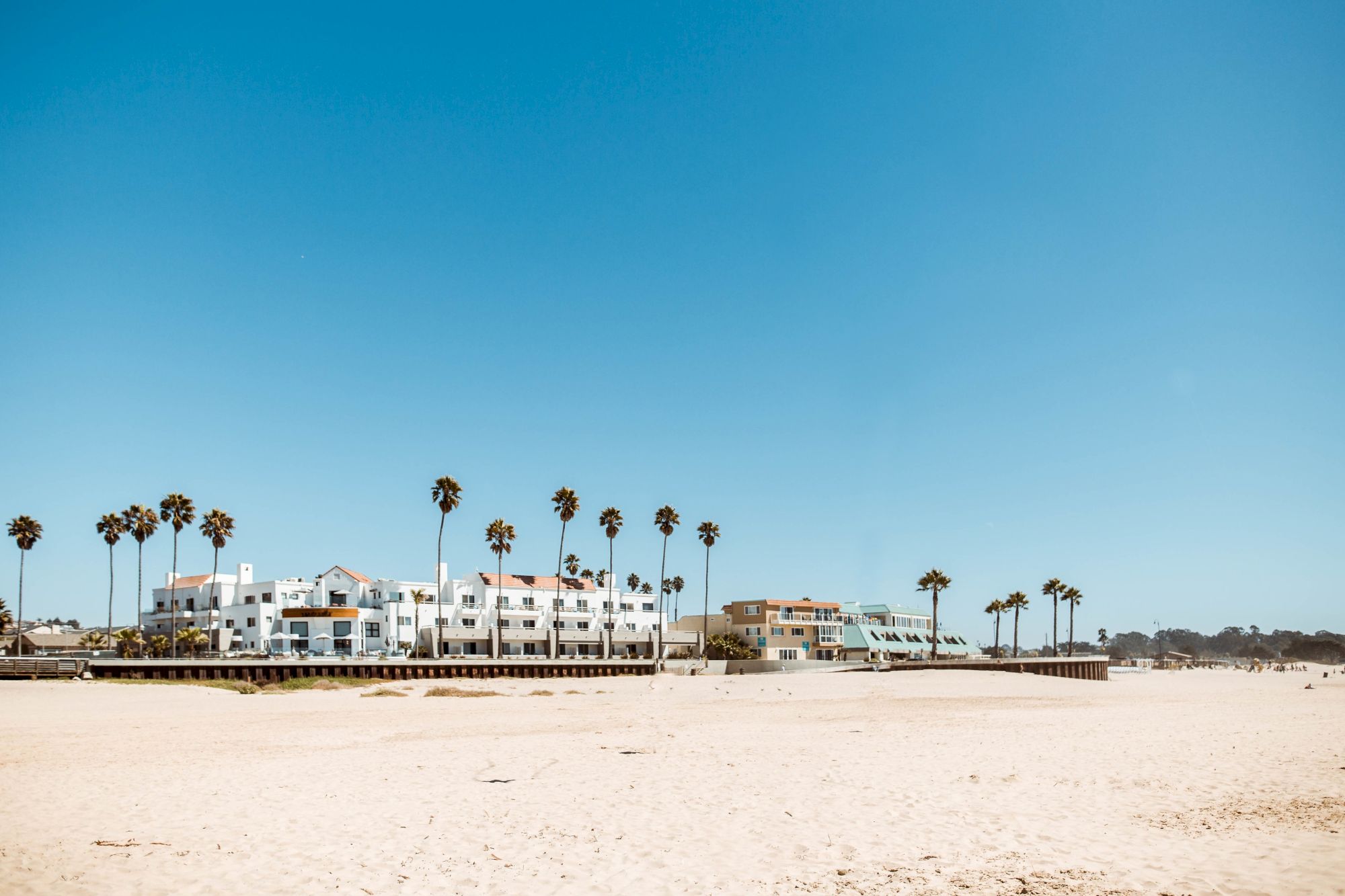A sunny beach scene with light-colored sand, clear blue sky, palm trees, and row of white beachside buildings along the shore, calm and inviting.