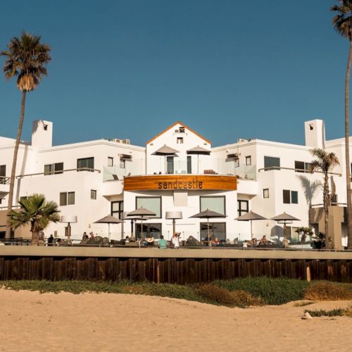 A sunny coastal scene with white Mediterranean-style houses along a rocky shore, palm trees, blue sky, and calm sea, charming and bright.