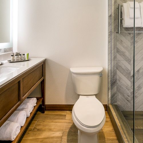 A modern bathroom with a toilet, vanity sink, and a glass shower with stacked white towels.
