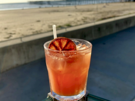 An iced orange-red cocktail in a glass with a citrus slice garnish, on a rooftop patio overlooking the beach, ending.